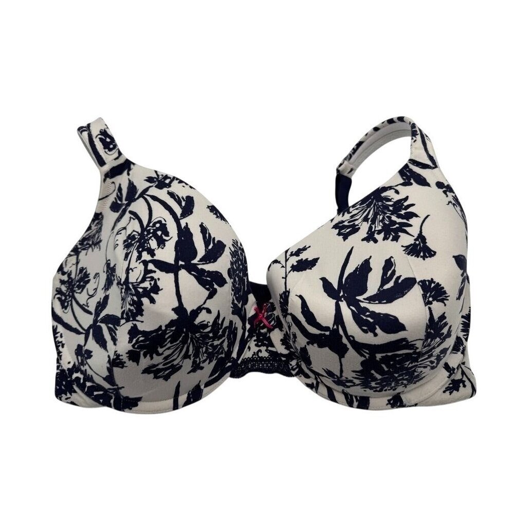 Cacique Lane Bryant Lightly Lined Full Coverage Bra White Blue Floral Size 38F